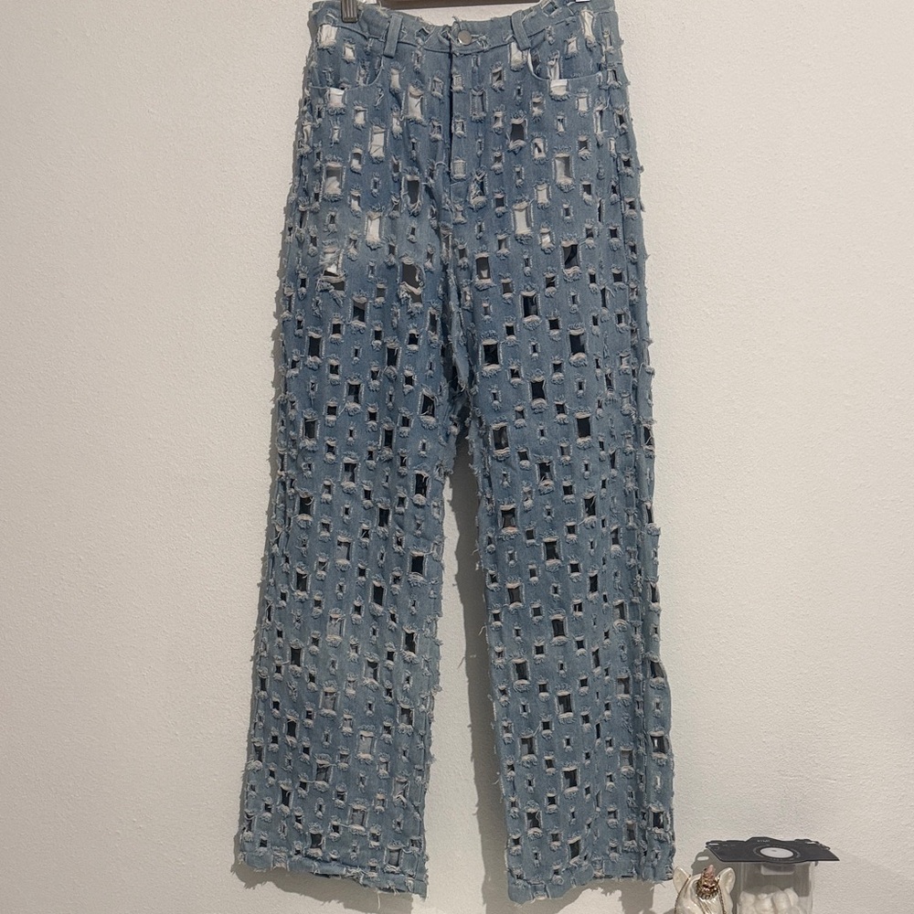 Stylish Blue Distressed Women's Wide Leg Jeans - Small